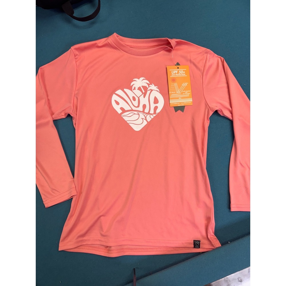 Island Crew Hawaii Kids‎ Rash Guard UPF 50+ Long Sleeve Aloha Heart Peach Medium